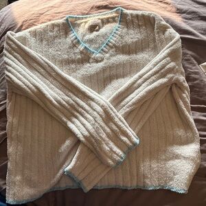 ALPS Ivory Chenille Ribbed V Neck Sweater Blue Trim Women’s XL